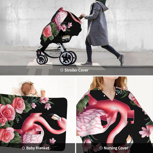 Zhbvncp Cute Flamingo with Flowers Baby Car Seat Cover & Breastfeeding Nursing Cover - Breathable Stretch Fabric