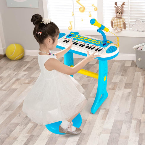 Costzon 31-Key Kids Piano Keyboard Toy, Toddler Electronic Musical Instrument with Microphone, Lights & Stool