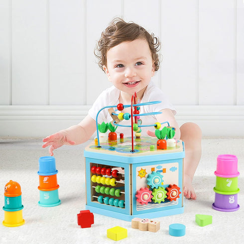 Wooden Activity Cube for 1 Year Old Kids, Educational Bead Maze for Toddler Age 1-3, Montessori Gift