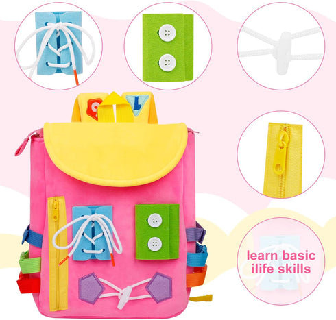 Busy Board - Toddler Backpack with Buckles and Learning Activity Toys for Fine Motor Skills and Basic Life Skills