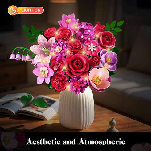 Set 21 832PCS CUBIMANA Flowers Bouquet Building with LED - Rose Red Botanical Collection Kit for Adults Women