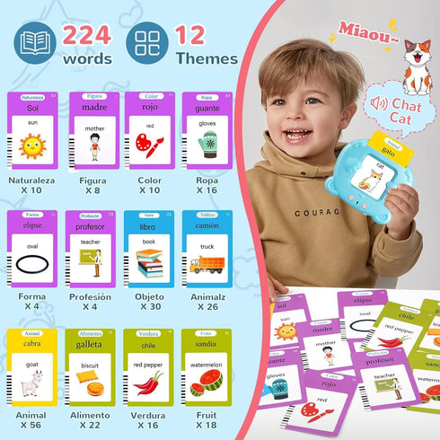 Spanish & English Talking Flash Cards for Toddler 2-6 Years Old, Learning Montessori Toys with 224 Sight Words