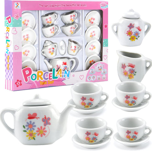 16 Piece Rose Flower Miniature Porcelain Ceramic Tea Set | Kids Toy