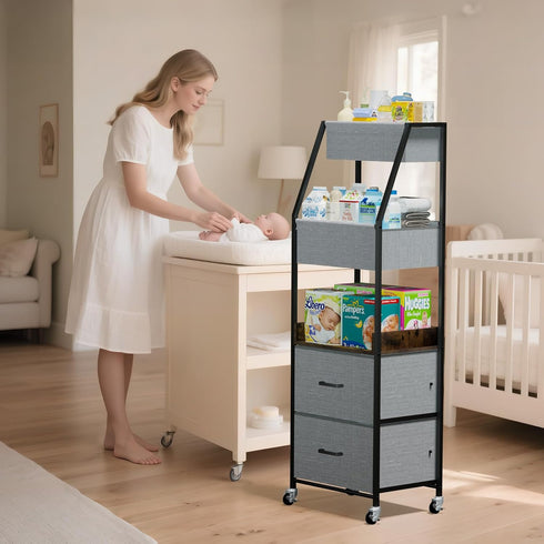 Lurgno 5 Baby Diaper Caddy Organizer and Storage - Tier Rolling Cart with Dividers and Drawers, Mobile Utility Cart