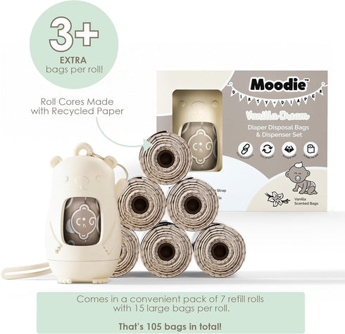 PACK 105 Moodie Disposable Diaper Bags Dispenser COMBO | VANILLA SCENTED Baby Poop Bags TOTAL | Dirty Diaper Trash Bags