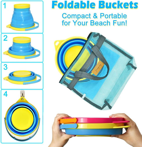 Set Collapsible Beach Toys for Kids Toddlers, Collapsible Sand Buckets Shovels with Mesh Bags and Sand Molds, Foldable