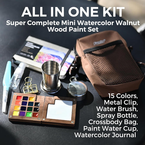 Set, 15-Color Funto Mini Watercolor Paint All-in-One Walnut Wood Premium Pocket Travel Paint Kit, with Crossbody