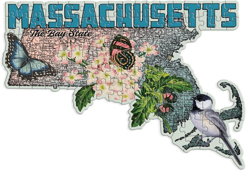 Galison Massachusetts Mini Shaped Puzzle - 100 Jigsaw Pieces Featuring Art by Bestselling Artist Wendy Gold, Die-cut Mini Shaped Puzzle, Makes a Great Gift!