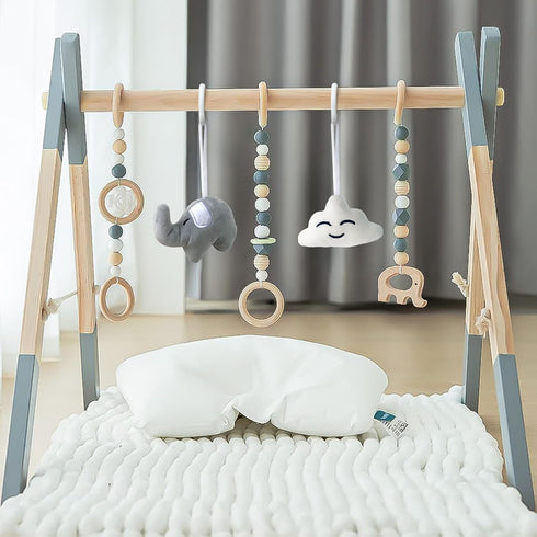 5 Wooden Baby Play Gym Foldable Gym Frame Activity Gym Hanging Bar with Toys Natural for Newborn Baby (Foldable Grey)