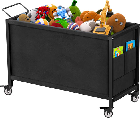 100L Large Kids Toy Box with Wheels, Storage Organizer for Toddlers, Black Toy Storage Bin for Stuffed Animals