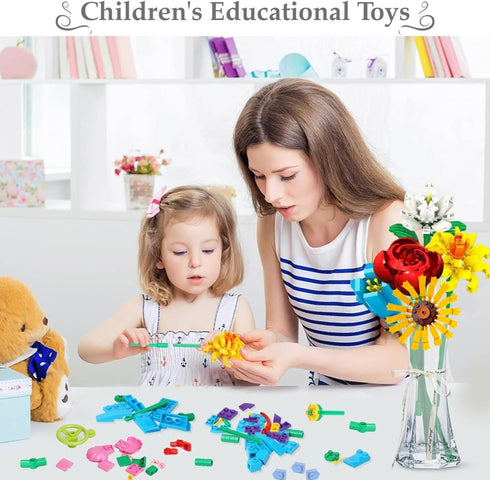 Flower Bouquet Building Set, 1009PCS DIY Plant Decoration, 12 Artificial Flowers for Ages 6+, Gift Idea