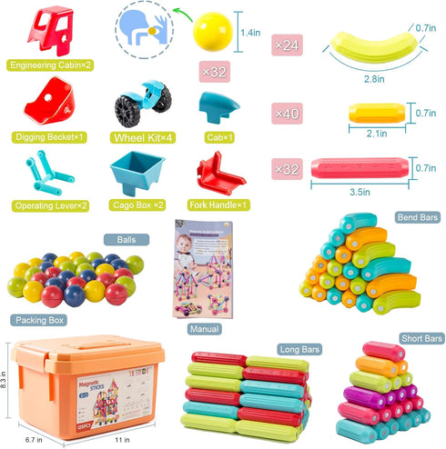 128Pcs 3-8 2 Magnetic Blocks Kids Toys, Large Magnetic Building Sticks STEM Educational Sensory Toy Preschool Learning