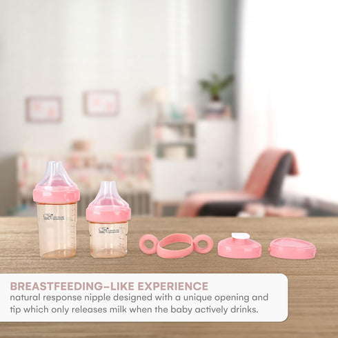 Childlike Behavior Anti Colic Baby Bottles Gift Box Set, 5oz & 8oz Bottles, Detachable Handles, Pink
