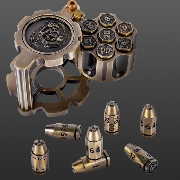 Metal Polyhedral Bullet Dice Set of 7 with Spinning Revolver Cylinder Container - DND Steampunk Style Dice