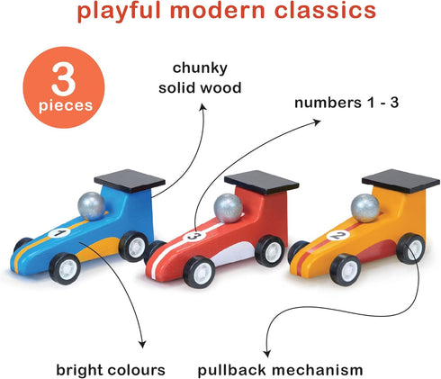 Pullback Racers - Wooden Vibrant Racing Car Trio with Pull-Back for Imaginative Play, Age 3+