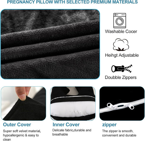 Jcickt 59 inch Pregnancy Pillow J-Shaped Full Body Pillow, with Velvet Cover Easy to Remove and Wash, Support Pregnant