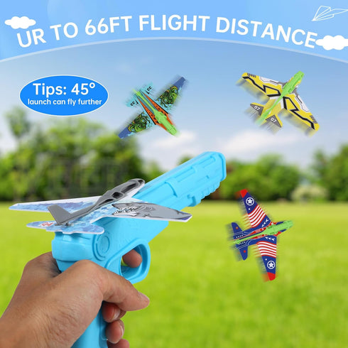 12 Pack Airplane Launcher Toys for Kids, 2 Launchers and 10 Foam Gliders, Indoor Outdoor Flying Party Favors