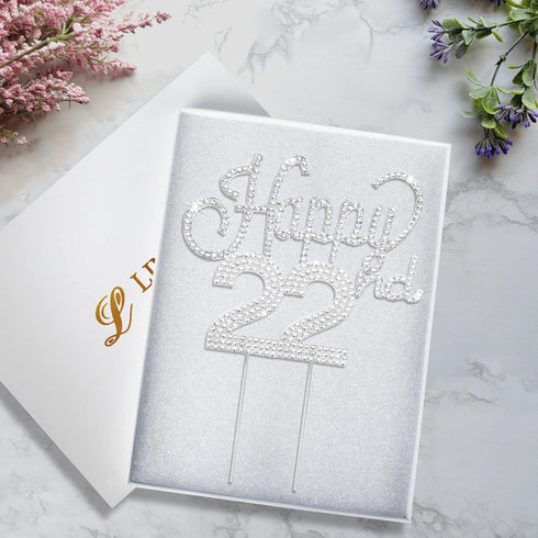 LINGTEER Happy 22nd Birthday Silver Rhinestone Cake Topper - Cheers to 22 Years Old Party Cake Centerpieces Decorations