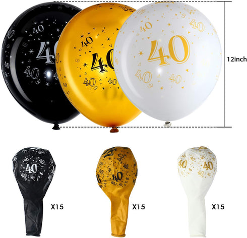 Blulu 40th Birthday Balloons for Men - 45 Pcs Black Gold White Happy 40th Birthday Decorations for Women 40 Years Old