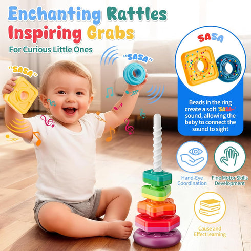 1-3, Baby Spinning Stacking Toys for Toddlers Sensory Montessori Toys for One Year Old Girl Boy, Rainbow Ring Stacker