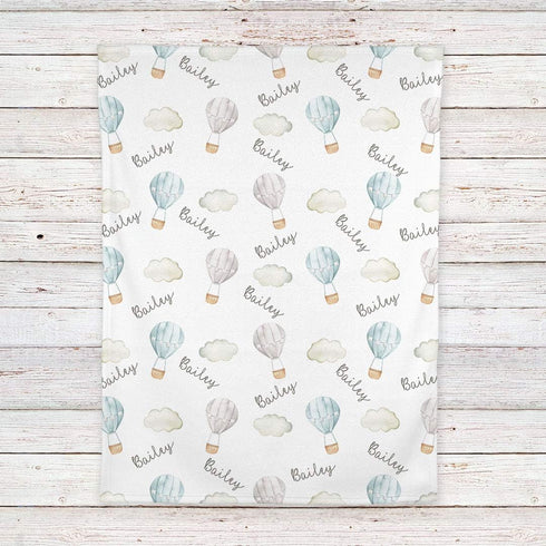 Lovable Gift Co Hot Air Balloons Personalized Baby Receiving Swaddle Blanket, Blue