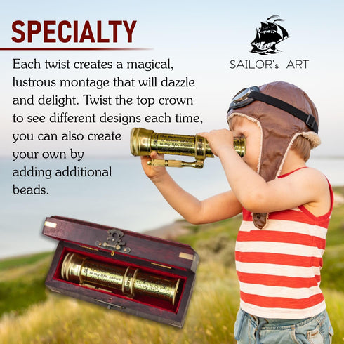 Polished Brass Kaleidoscope with Handheld Stick & Wooden Box, Vintage Educational Collection, 5.5 Inch Antique Gift