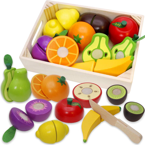 Wooden Play Food for Kids - Kitchen Cutting Fruits and Vegetables for Toddlers, Educational Toys