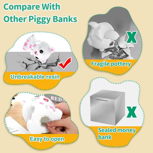H&W Kitten Money Bank (Pink) - Shatterproof Cat Piggy Bank, First Coin Bank, Best Christmas Birthday Gift for Kids,