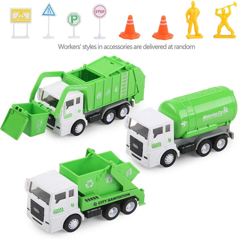 Toy Vehicles Set 3 Pack, Sanitation Truck Model with 8 Signposts, Friction Power for Boys Age 3+
