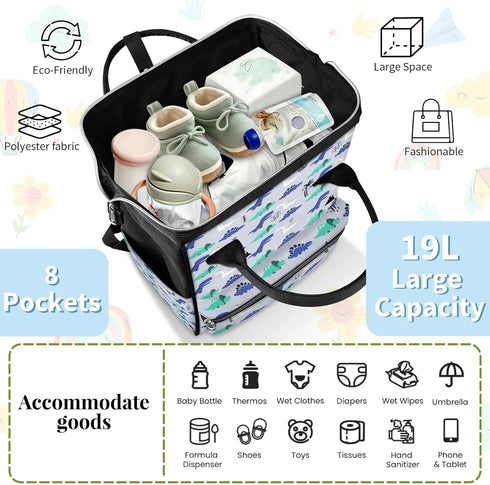 Honeybaby Backpack 19L Diaper Bag for Mom & Dad Cartoon Dino Dinosaurs Large Diaper Bag Tote with Multi-Pocket