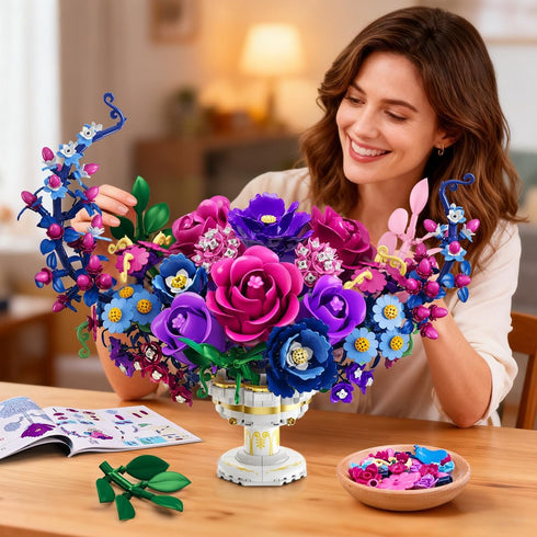 Set 1274 12+ PLAXSOON Moon Flower Bouquet Building with Lights, Mothers Day Flowers Botanicals Building Block Kit, PCS