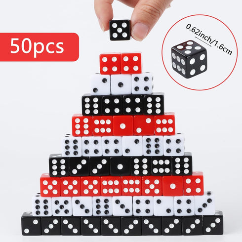 50 Set 16mm 6 Pieces Dice Standard Game Dices with Black White Red Acrylic Sided Colored Bulk Casino Dice for Casino