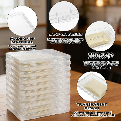Hlimior 10-Pack 7.4"x5.1" Clear Flat Breast Milk Freezer Storage Organizer - Reusable Flattening Tray, Large Capacity
