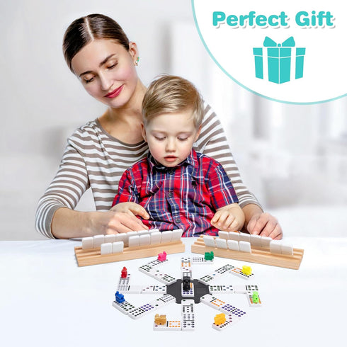 Set 4 12 91 9 Mexican Train Dominoes with Wooden Racks, Double Dominos Game with Dot Tiles, Trains, Hub, Classic Family