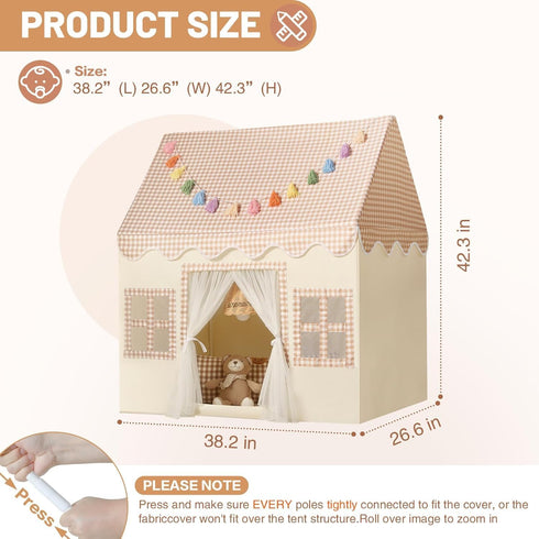 Kids Play Tent Indoor: with Brown Checkered, Mat, Rainbow Tissue Garland, Star Lights - Girl Tent Indoor Playhouse