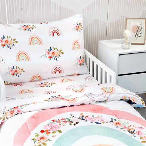 Sets Set 4 Set Toddler Bedding for Girls, Rainbow Toddler Crib Bedding Piece Pink Floral Toddler Comforter Includes