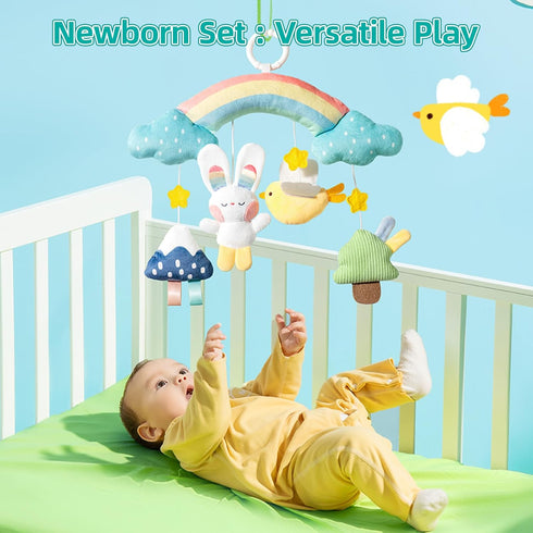 Cozy Set 6-in-1 auby Bunny Newborn Gift - Baby Soothing Essentials with Teethers, Plush Blanket & Hanging Toys