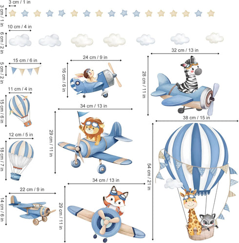 decalmile Blue Hot Air Balloon Animals Wall Decals Airplane Animals Giraffe Lion Fox Wall Stickers Baby Nursery Kids