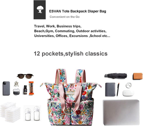 ESVAN Totepack Backpack 2 1 Diaper Tote Bag in for Women Multifunctional Large Capacity with Insulated Pockets Travel |