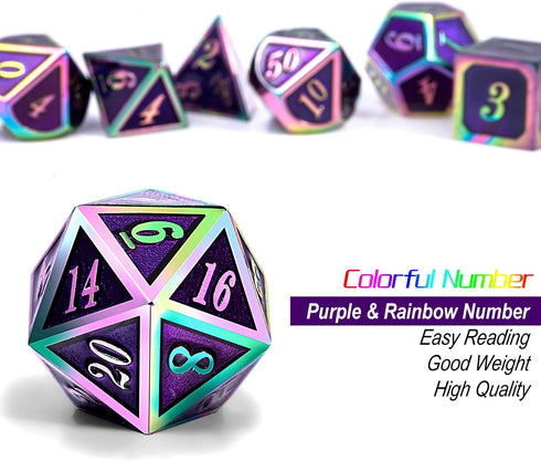 Purple Metal Dice Set D&D - 7 Die Enamel Polyhedral Dice Set with Metal Tin for Role Playing Game