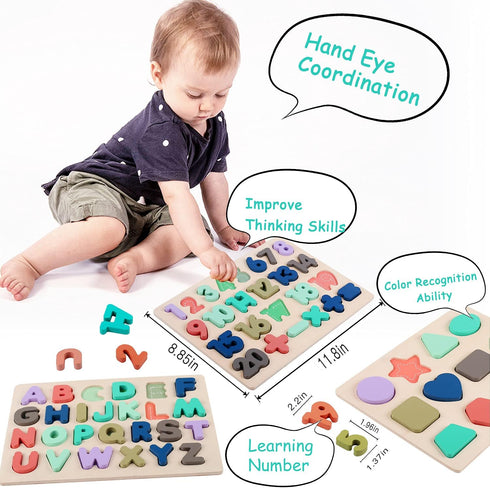 Wooden Puzzles for Toddlers, Kesletney Alphabet Number Shape Learning Puzzles for Kids