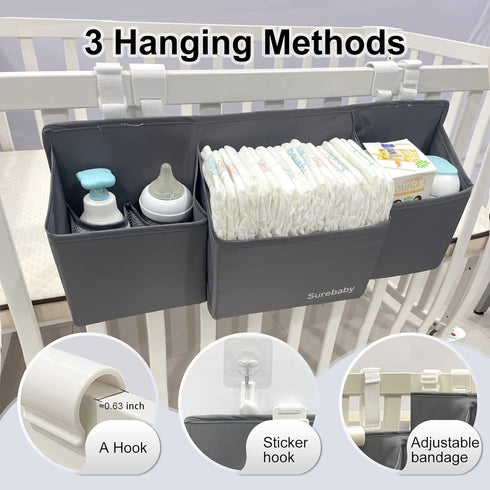 surebaby 3-in-1 Hanging Baby Diaper Caddy, Diaper Caddy Organizer Holder For Baby Crib, Nursery Organization Diaper
