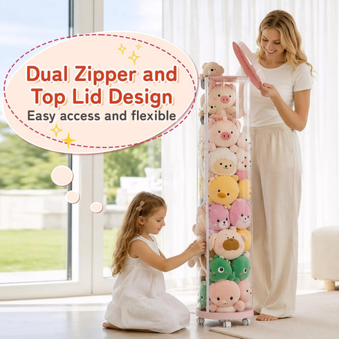 Flarelyare (150cm) 4 Upgraded Stuffed Animal Storage Tube,Tall Plush Organizer with Wheels,Pink PET Clear Bucket