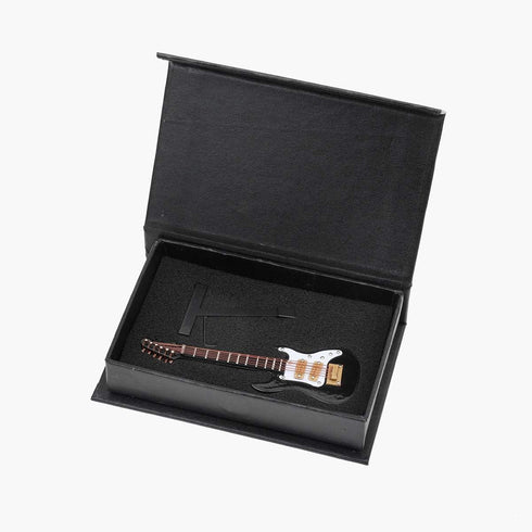 Dselvgvu Wooden Miniature Electric Guitar with Stand, Black Model for Dollhouse Decoration, 3.92"x1.24"x0.37"