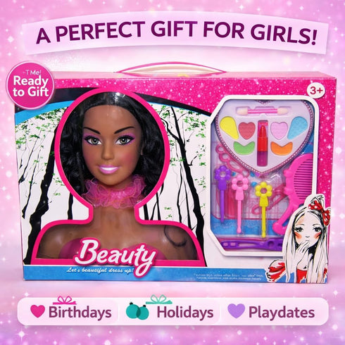 Playset Liberty Imports African American Black Makeup and Hair Styling Doll Head Toy with Real Washable Cosmetic