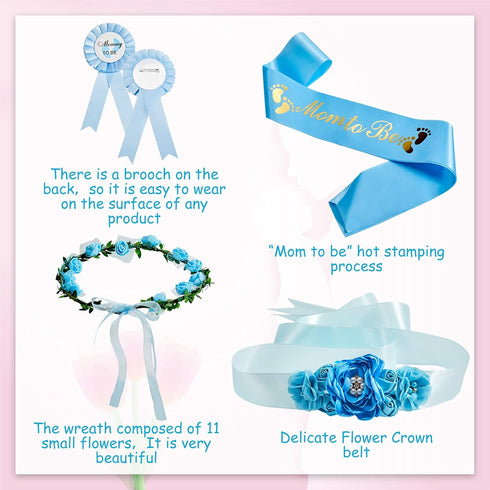Xinnun Baby Shower Maternity Sash Kit - 5 Pcs Blue Shoulder Sash, Daddy Corsages, Flower Crown, Rose Wreath Headdress