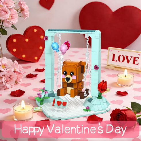 Nubee Sets 8+ Valentines Brown Bear Building Toys Compatible for Lego, Cute Swing Bears Building with Heart, Flowers, I