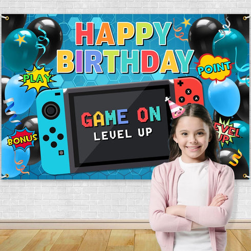 Video Game Party Supplies: Happy Birthday Gaming Banner Backdrop, Party Props and Decoration Supplies