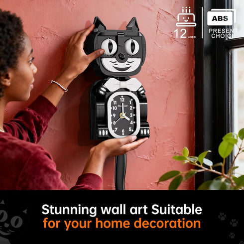 Set,Cat 12+ JAKI Black Cat Swing Clock Building Blocks Clock with Moving Eyes and Tail, Battery Operated Wall