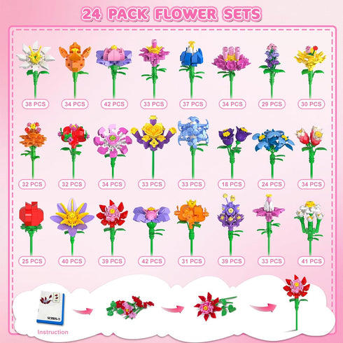 24 Pack Set 789PCS 3.6MM 6+ Flowers Easter Basket Fillers Party Favors for Kids Building - Flowers Mini Building Block